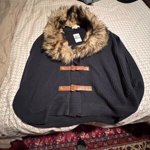 Michael Kors Navy Blue, Faux Fur Shawl Collar Sweater Vest, NWT, Size L